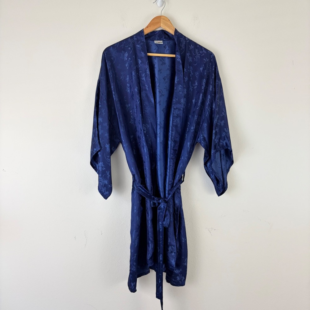 Lotus 100% M/L Silk Robe Navy Blue Floral Bamboo Jacquard Kimono Belted‎ Lounge